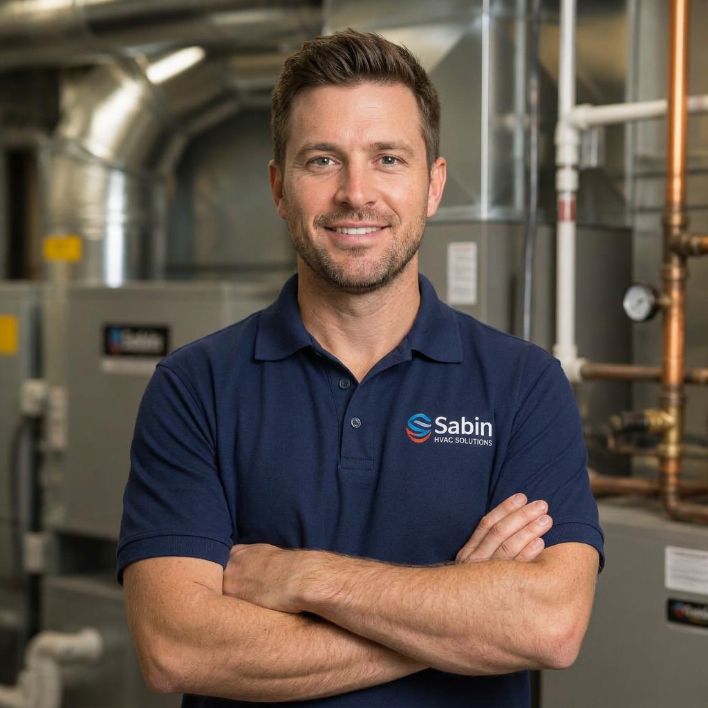 Sabin, owner of Demo Mechanical Services, standing in a commercial mechanical room